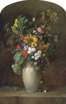 Sunflowers, roses, and other summer blooms in a vase on a stone ledge